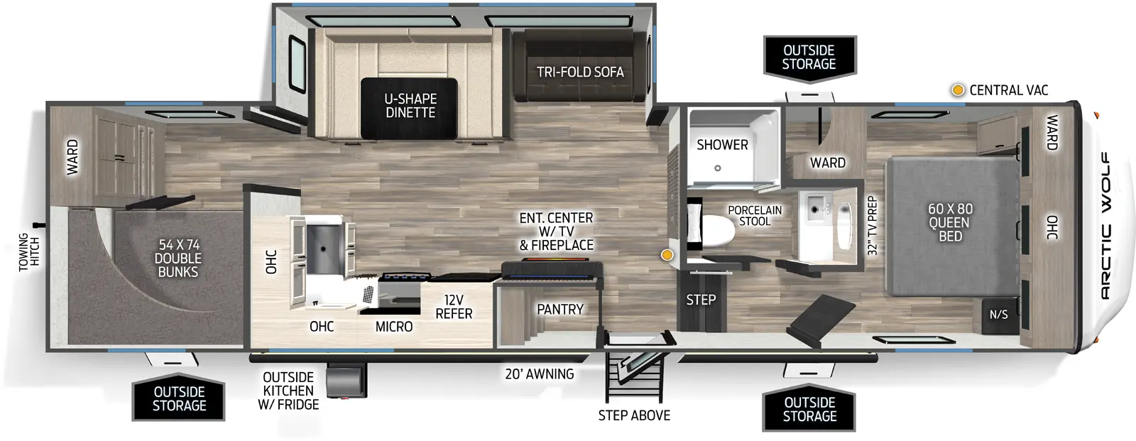 The 287BH has one slideout and one entry. Exterior features a 20 foot awning, outside kitchen, outside storage, step above entry step, and rear towing hitch. Interior layout front to back: foot-facing queen bed with overhead cabinet and off-door side wardrobe; off-door side full bathroom with medicine cabinet, porcelain stool, and shower caddy; door side steps down to main living area and entry; central vacuum along inner wall; off-door side slideout with tri-fold sofa and u-dinette; door side walk-in pantry, entertainment center with fireplace, 12 volt refrigerator, cooktop, microwave, and corner sink with overhead cabinet; rear double stacked bunks and wardrobe.